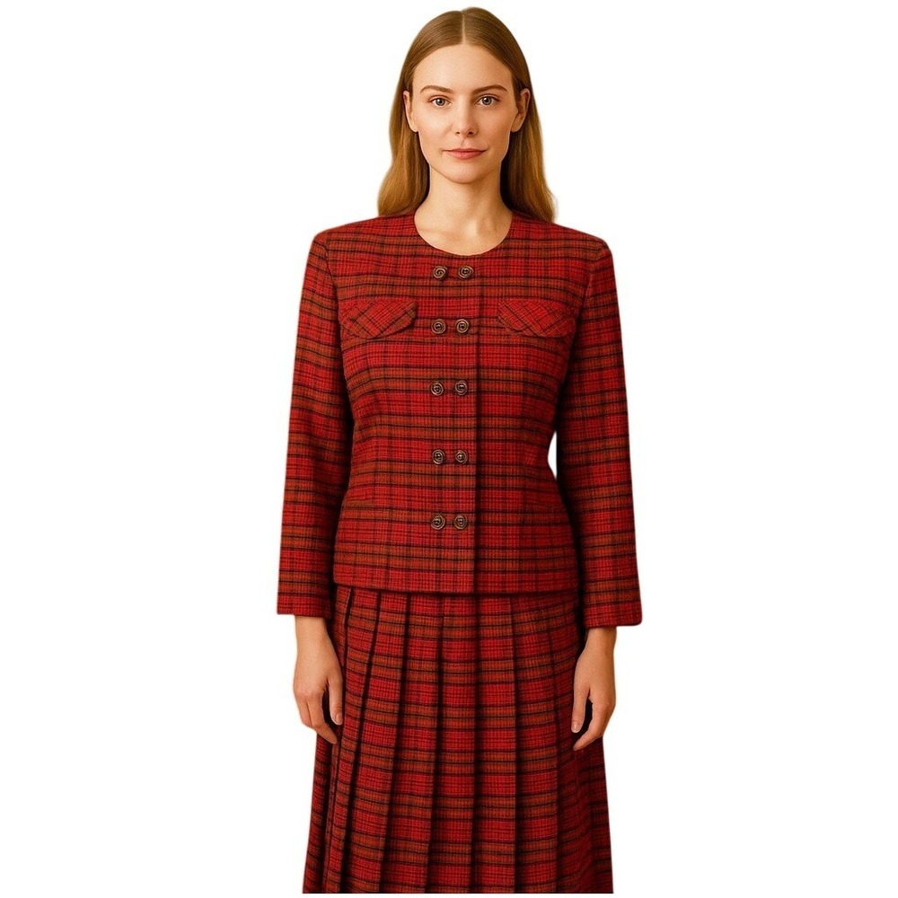 Vintage‎ Lana Lee Women's Christmas Plaid Blazer Pleated Skirt Set Heritage Med